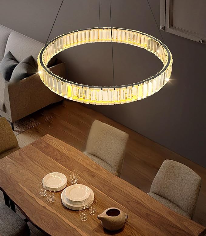 24'' Modern Ring Chandelier Crystal Chandeliers for Dining Room Round LED Dimmable Ceiling Light Fixture for Living Room Bedroom Lighting Black