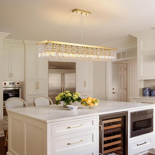 7PM Rectangle K9 Crystal Chandelier Modern Gold Crystal Chandelier Rectangular Pendant Lighting Fixture for Dining Room Kitchen Island Bedroom L59'' x W10'' x H9''