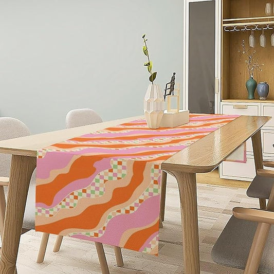 Groovy Rainbow Table Runner Hippie Abstract Rainbow 70s Colorful Geometry Retro Printed Dinner Runner for Living Room Kitchen Decoration 13x70in