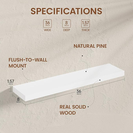 Heimlove 36 Inch Floating Shelves for Wall White Shelves Set of 2,Wall Mounted Rustic Wood 8 Inch Deep Floating Shelf with Invisible Brackets for Bedroom Kitchen Living Room
