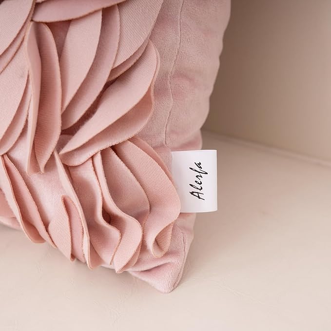 Alerfa 3D Leaves Handmade Throw Pillow Cover Decorative Floral Velvet Pillowcase Cushion Cover for Couch Bed Living Room Home Decor 12x20 Inche, Pink