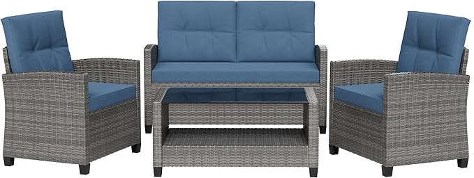 Shintenchi 4 Piece Patio Furniture Set, Outdoor Rattan Conversation Set with Coffee Table, Outside Wicker Sectional Sofa Couch with Cushion, Gray and Blue