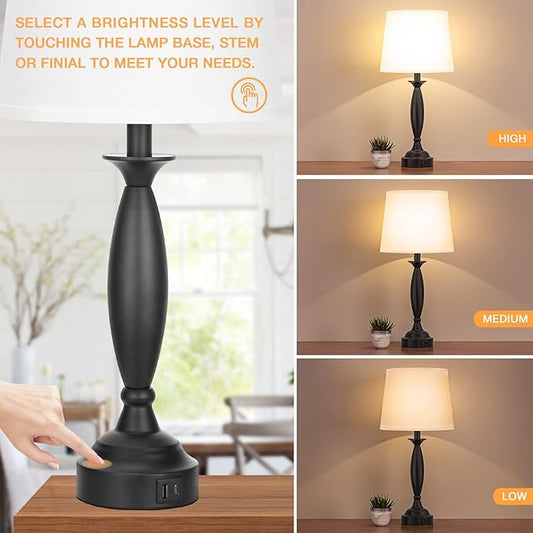 Seealle White Lamps for Bedrooms Set of 2 - Touch Control Bedside Lamp with USB C+A, 3 Way Dimmable Nightstand Lamps with USB Port, Table Lamp for Living Room(White Shade and Black Base)
