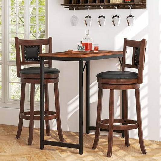 GOFLAME 30.5” Upholstered Bar Stools Set of 2, Swivel Bar Height Stools with Curved Backrest & Footrest, Solid Rubber Wood Barstools for Kitchen Island, Bar Counter, Cafe, Dining Room