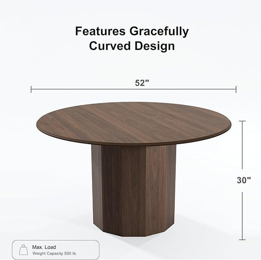 Casaphoria 52" Round Dining Table, Modern Wood Kitchen Table with Cylinder Polygonal Base for Living Room & Dining Room, Easy Assembly Farmhouse Furniture for 4-6, Walnut