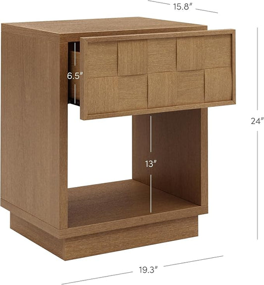 Nathan James Paige Mid Century Modern Nightstand with 1 Drawer, Rustic Bedside Table with Sculpted Drawer Front and Open Bottom Shelf, Light Brown