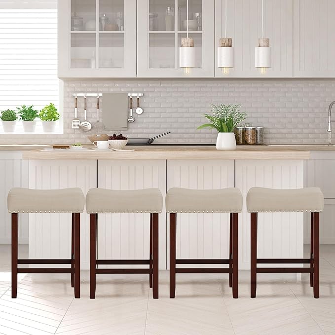 ERGOMASTER Bar Stools, 24 Inch Modern Saddle Stools, Rubber Wood, Khaki/Brown, Set of 4
