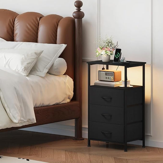 Somdot Black Nightstand with Charging Station and LED Light for Bedroom, Tall 3 Drawers Dresser with Fabric Bins for Bedside Kids Dorm Room Closet Laundry Entryway, Black