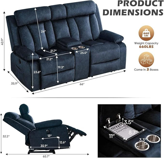 Power Reclining Loveseat with Console, Power Loveseat Recliner Sofa with Heat and Massage, Wall Hugger Loveseat Recliner with Dual Ports, Cup Holders for Living Room, RV Sofa (Blue, Loveseat)