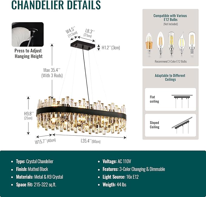 CROSSIO Modern Black Crystal Chandelier, 16-Light Rectangular 2-Tiers K9 Crystal Raindrop Chandelier, Luxury Flush Mount Hanging Ceiling Light for Dining Room Living Room Kitchen Island L35.4''