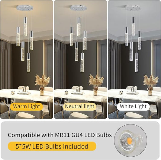 Modern Crystal Chandelier for Kitchen Island 5-Lights, Elegant Chrome LED Bubble Pendant Lighting Fixture for Dining Room Bedroom Entryway