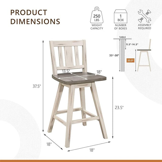 Lexicon Counter Height Stools Set of 2-Solid Wood Frame 360° Swivel Wooden Stools, Foot Rest, Slat Back, Wide Seat, Distressed Farmhouse Easy to Clean Finish, 24" SH, Antique White/Grey