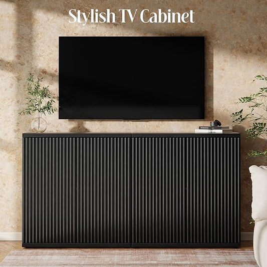 Fluted Buffet Cabinet Sideboard with Storage, Wooden Credenza with 2 Doors & Adjustable Shelf, Modern 15" Deep Accent Cabinet for Living Room, Kitchen Dining Room Entryway,Black