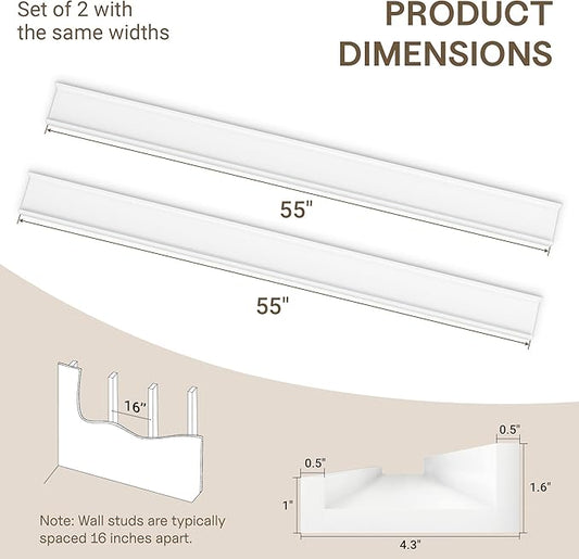 Fun Memories Picture Ledge Shelves Set of 2-55 Inch Shelves with Lip - Large Nursery Bookshelf for Storage - Floating Shelf Wall Mounted for Living Room - Bedroom -Kitchen - White Color