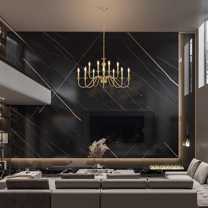 12 Light Gold Farmhouse Chandeliers for Dining Room Light Fixtures Over Table,Industrial Candle Hanging Chandelier for Living Room Foyer Staircase Bedroom Kitchen Island Restaurants