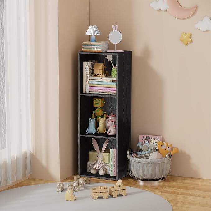 3 Tier Bookshelf, Narrow Bookcase for Small Spaces, Wooden Book Case Bookshelves Storage Organizer for Bedroom Living Room Home Office (Black, 3 Cube)