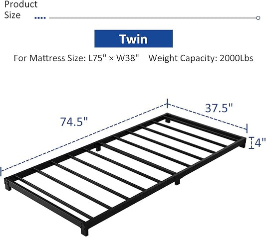 4 Inch Twin Bed Frames, Heavy Duty Metal Platform Low Bed Frame Twin, No Box Spring Needed, Noise Free, Easy Assembly, Black