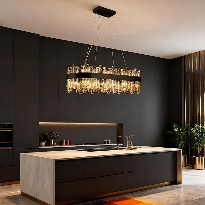 Black Crystal Chandeliers for Dining Room Lights Fixtures Over Table, 16 Lights Modern Rectangle 2-Tier Chandeliers for Kitchen Island Bar L32 Inch