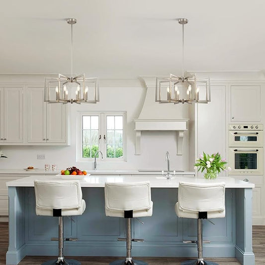 8-Light Modern Farmhouse Brushed Nickel Chandeliers for Dining Room, Large Industrial Kitchen Table Chandelier, Metal Geometric Hanging Light Fixture for Living Room Entryway Foyer Stairway
