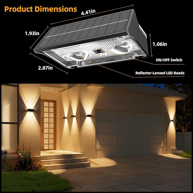 NIORSUN Solar Fence Lights Outdoor, 6 Pack Up and Down Waterproof Solar Wall Lights, Warm & Cool White + RGB, Fence Lights with Lens, Dusk to Dawn Lighting for Patio, Backyard, Pool, Railing (Black)