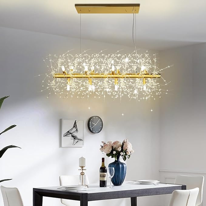 Depuley 35.4" Modern Gold Crystal Firework Chandelier, 12-Light Crystal Light Fixture Hanging, Linear Dandelion Chandelier, Sputnik Ceiling Pendant Light Fixtures for Dining Room(G9 Bulbs Included)