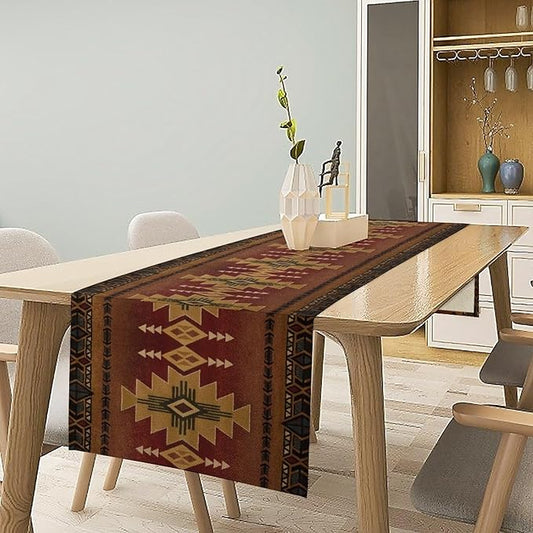 Aztec Vintage Table Runner Southwest Ethnic Style Bohemia Design Retro Geometry Triditional Garden Farmhouse Dining Table Decoration for Living Room Kitchen 13x36in