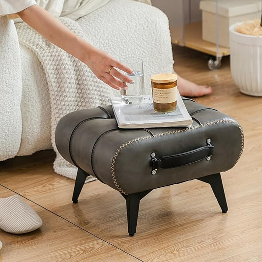 Small Footstool Ottoman - Stylish and Functional Faux Leather Footrest for Extra Seating in Living Room, Entryway, or Office
