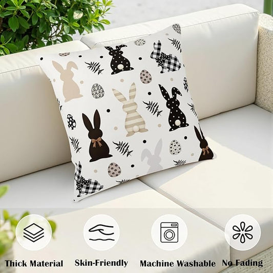 Easter Outdoor Bunny Pillow Covers 24x24 Set of 2 Black White Polka Dot Rabbit Eggs Pillow Case Farmhouse Holiday Cushion Covers for Sofa Couch Home Decor