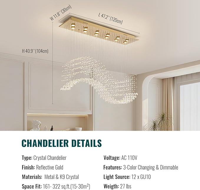 Siljoy 10-Lights Modern Crystal Chandeliers, Luxury Wave Raindrop Crystal Pedant Light Fixture, Rectangular Flush Mount Ceiling Light for Dining Room Living Room Kitchen Island 47 Inch