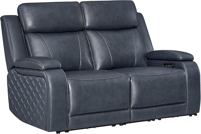 Watson & Whitely Genuine Leather Power Loveseat Recliner Sofa, Zero Gravity Reclining Loveseat with Power Headrest & Hidden Storage, Charging Ports, Dual Recliner Sofas for Living Room, Navy Blue