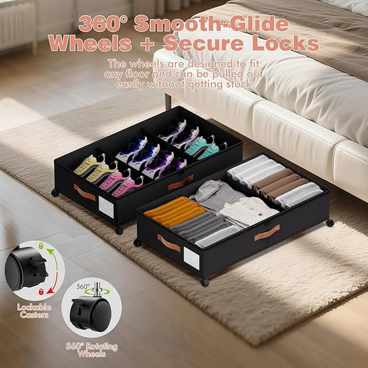 Under Bed Storage with Wheels - Rolling Underbed Containers with PVC Clear Lid & Dividers, 600D Oxford Fabric, PU Leather Handles, Adjustable Magic Tape Partition, XXL 66L (2, Black)