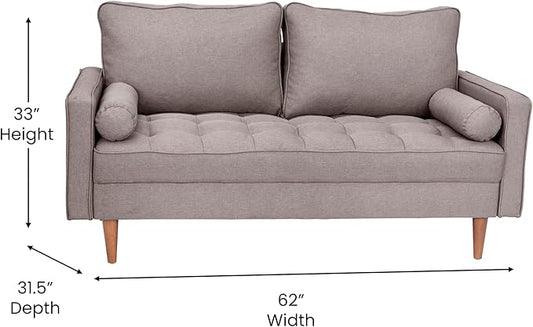 Taylor & Logan Hendrix Tufted Faux Linen Upholstered Mid-Century Modern Loveseat with Solid Wood Legs in Slate Gray