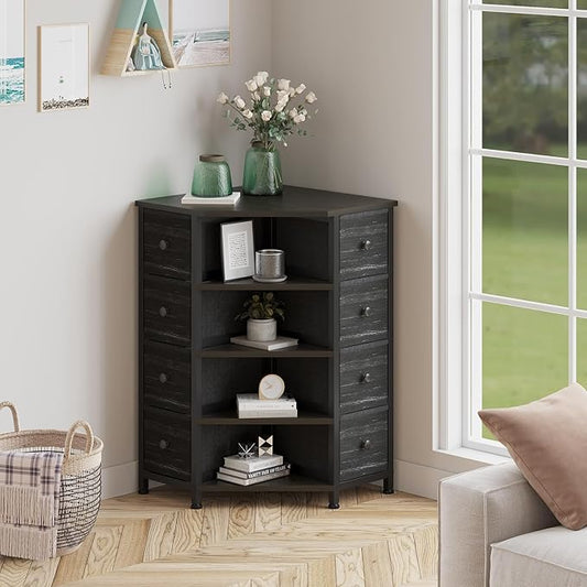 LUMTOK 8 Drawers Corner Dresser with Storage Fabric Drawers and Open Shelves for Small Space,Bedroom,Entryway,Living Room (Black Wood Veins)