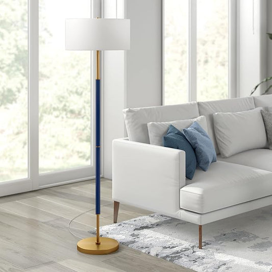 Henn&Hart 2-Light Floor Lamp with Fabric Shade in Blue/Brass/White, Floor Lamp for Home Office, Bedroom, Living Room