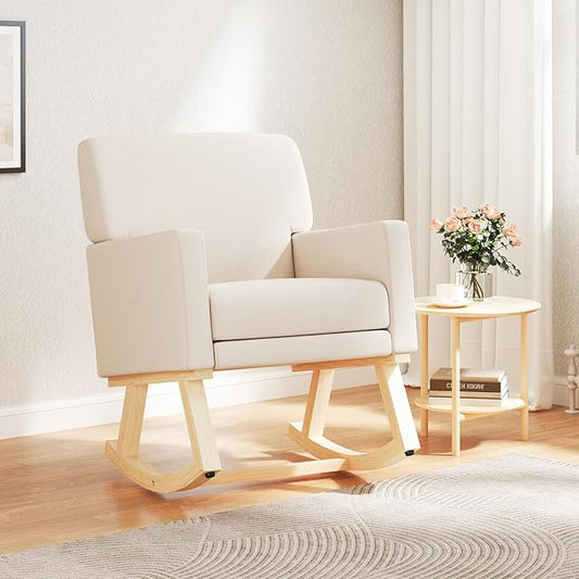 Giantex Upholstered Rocking Chair, Nursery Rocking Chair w/Widened Back, Machine-Washable Seat Cushion Cover, Solid Rubber Wood Frame, Glider Rocker Accent Chair for Living Room, Bedroom, Beige