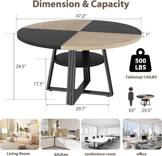 Garvee 47" Inch Round Dining Table for 4, Farmhouse Dining Room Circle Dinner Table,Space Saving Wood Kitchen & Dining Room Furniture, Round Tables with Storage and Metal Square Legs, Black Oak