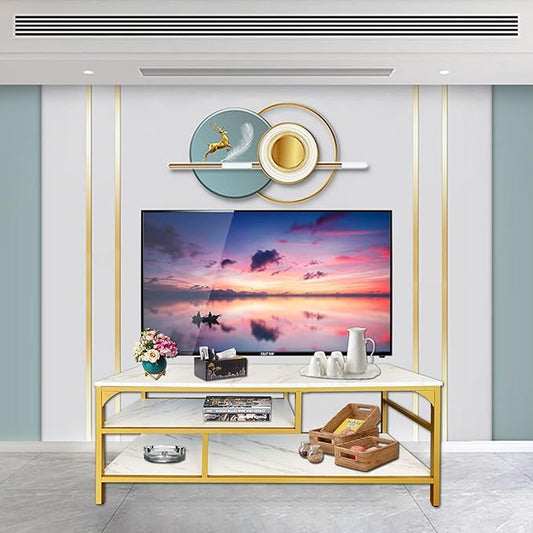 AT-VALY 3-Tier Stand for TV Media Console Table with Open Shelving Storage for Living Room Bedroom (Gold Frame with White Faux Marble top PB Board)