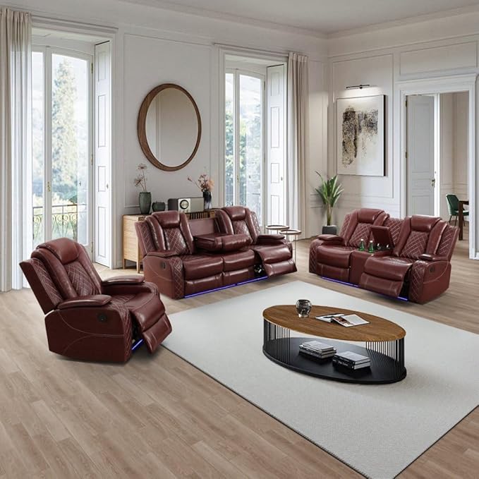Power Recliner Sofa Set with LED, Leather Reclining Sofa Set, Living Room Furniture Set with USB Charging (3 Pieces Leather Couch Set, Garnet)