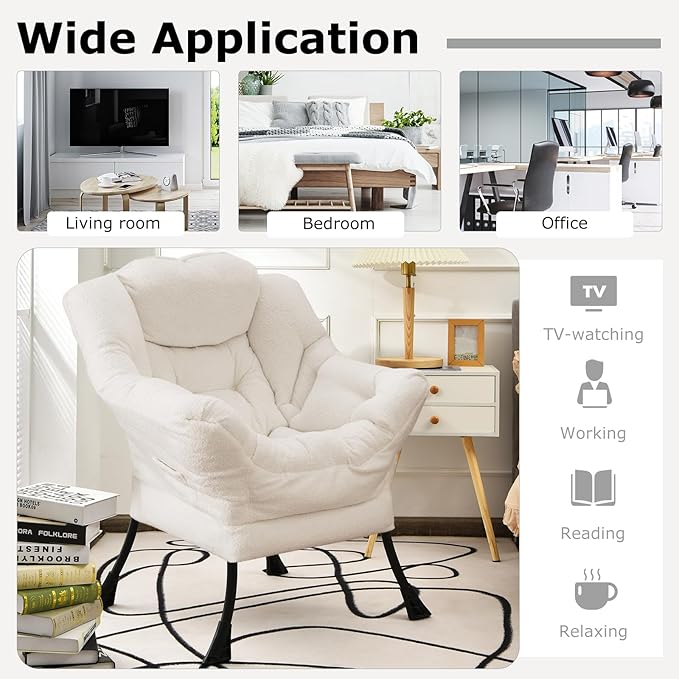 Giantex Set of 2 Lazy Chairs, Modern Sherpa Accent Chair w/Upholstered Single Sofa Chair w/Armrests & Side Pocket, Leisure Reading Lounge Chair for Living Room, Bedroom, Office, Dorm (White)