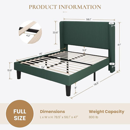SHA CERLIN Full Size Corduroy Upholstered Platform Bed Frame with Vertical Channel Tufted Wingback Headboard, 8" Under Bed Storage, Wooden Slats & Metal Frame Support, Easy Assembly, Dark Green