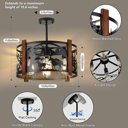 Farmhouse Rustic Horse Ceiling Light Fixtures, 4-Light Round E26 Base Black Metal Wooden Fixture for Kitchen, Living Room,Foyer, Bedroom, Hallway-16.5" L* 16.5" W * 11.8" H