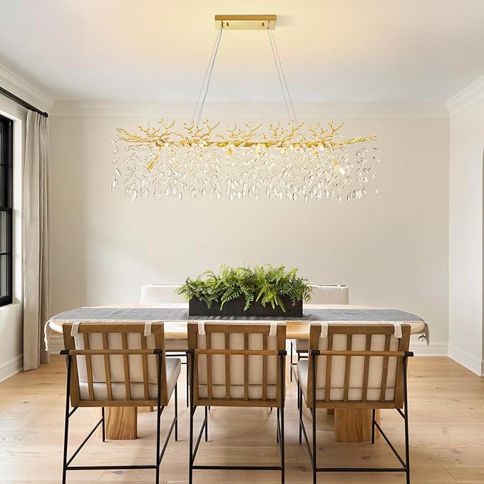 Modern Rectangular Chandelier, 47.3" Gold Crystal Tree Branch Chandelier 14 Lights Luxury Raindrop Light for Dining Room, Kitchen Island, Living Room