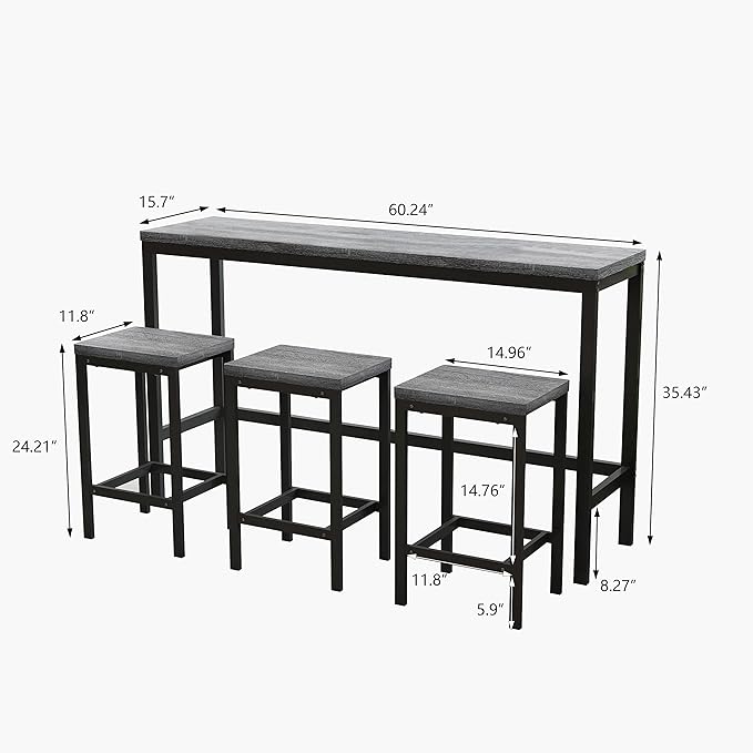 Merax 4-Piece Counter Height Extra Long Dining Table Set with 3 Stools and Footrest, Modern Design Kitchen Dining Table, Pub Table, Long Dining Table Set, Light Gray