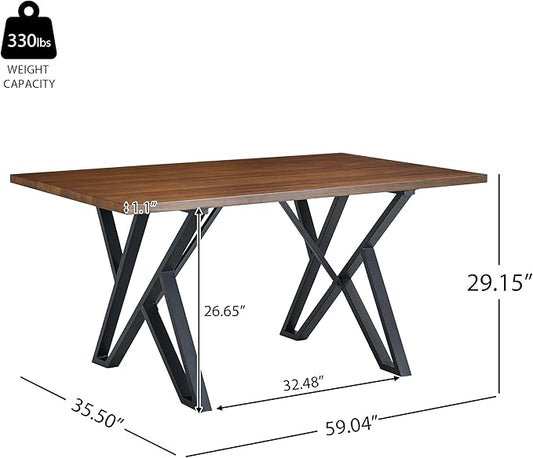 Christopher Knight Home Quillson 59.04" Rectangular Dining Table, Walnut Finish Kitchen Table, Open X Metal Legs, Dining Table for 4, Industrial Table for Dining Room Kitchen Home, Walnut+Black