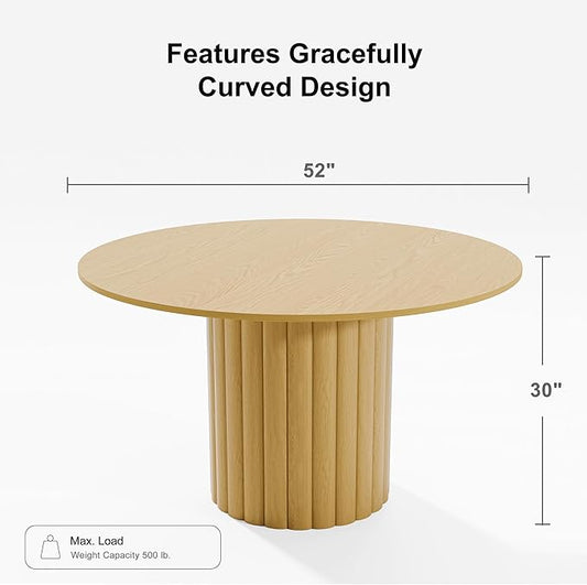 Casaphoria 52" Round Dining Table, Modern Wood Kitchen Table with Cylindrical Wide Bar Protruding Base for Living Room & Dining Room, Easy Assembly Farmhouse Furniture for 4-6, Oak