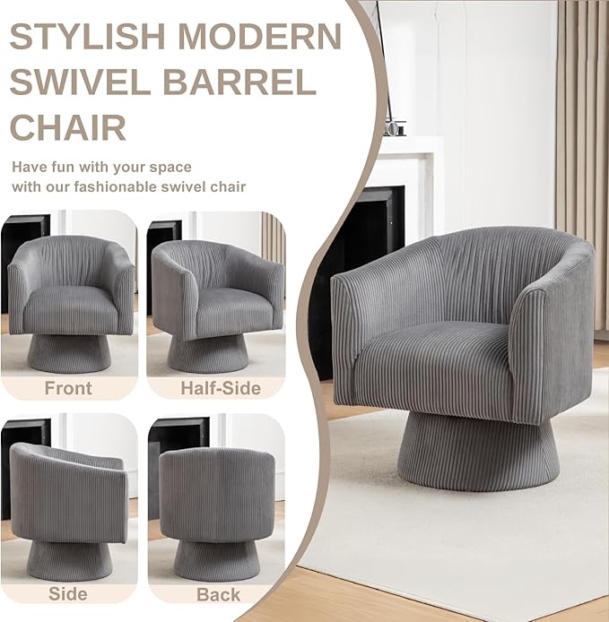 Swivel Accent Chair, Modern 360° Barrel Chair, Corduroy Upholstered Single Sofa for Living Room, Bedroom(Gray)