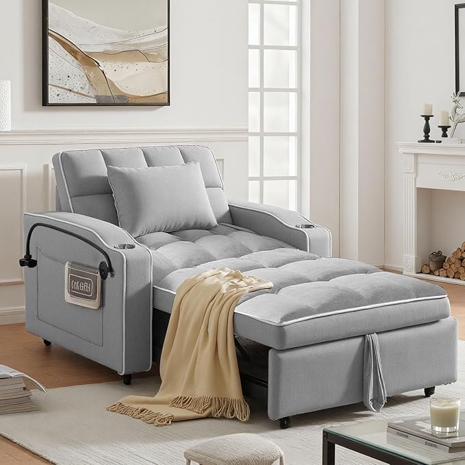 Sleeper Chair, Convertible Pull Out Chair Sleeper with Bracket and Cup Holder, Chairs Bed Sleepers for Adults, 3 in 1 Sofa Bed Chairs for Small Spaces, Living Room, Light Gray