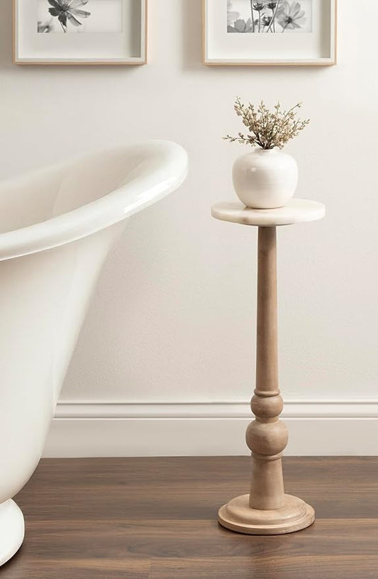 Kate and Laurel Wegner Transitional Wood and Marble Round Drink Table; 8 x 8 x 23; White Marble and Light Natural Wood; Modern Pedestal Table for Use as Indoor Plant Stand or Decorative Mini Table