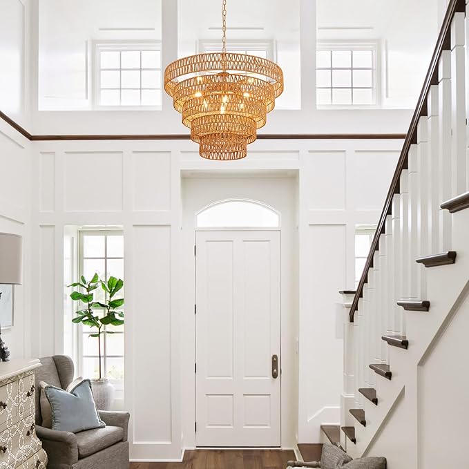 25.6" Hand-Woven Rattan Chandelier Light Fixture 8-Light Vintage Farmhouse Hand-Woven Boho Bamboo Rattan Chandelier 5-Tier Drum Wicker Golden Chandeliers for Dining Room, Kitchen, Living Room