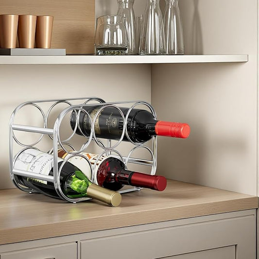 Buruis 6-Bottle Wine Rack, Modern Metal Countertop Wine Holder Stand for Kitchen, Pantry & Cabinet Storage, No Assembly Required, Silver